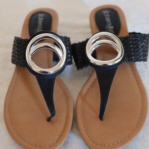 St John's Bay Black Sandals Size 6 Man Made Woven Thong Sandal Silver Accent